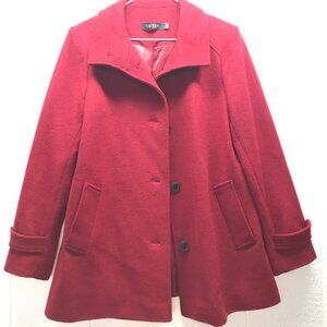 Lauren Ralph Lauren Womens Pea Coat 8 Red Wool Single Breasted Button Lined